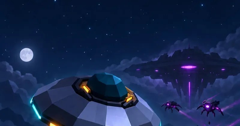 First Contact: a flying saucer fires a tractor beam over a night-time town