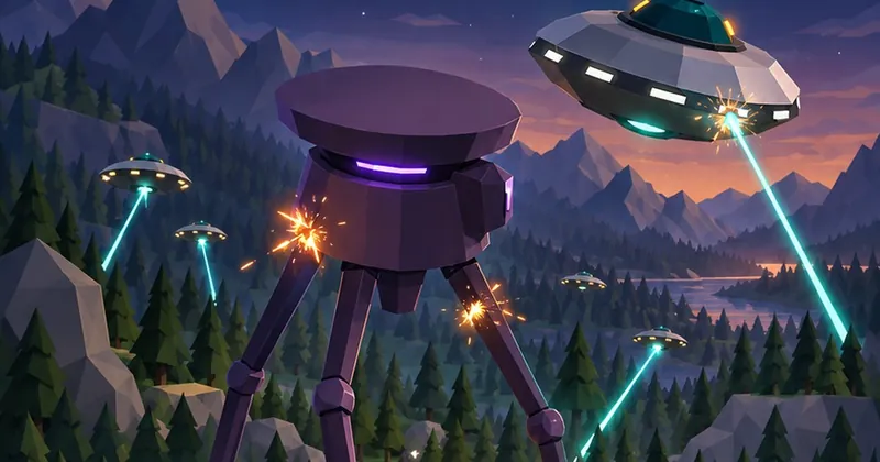 Perimeter: UFOs fire beams at an alien walker above a forest