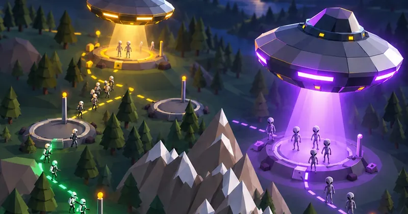 Planetary Takeover: human and alien forces battle for bases in a valley