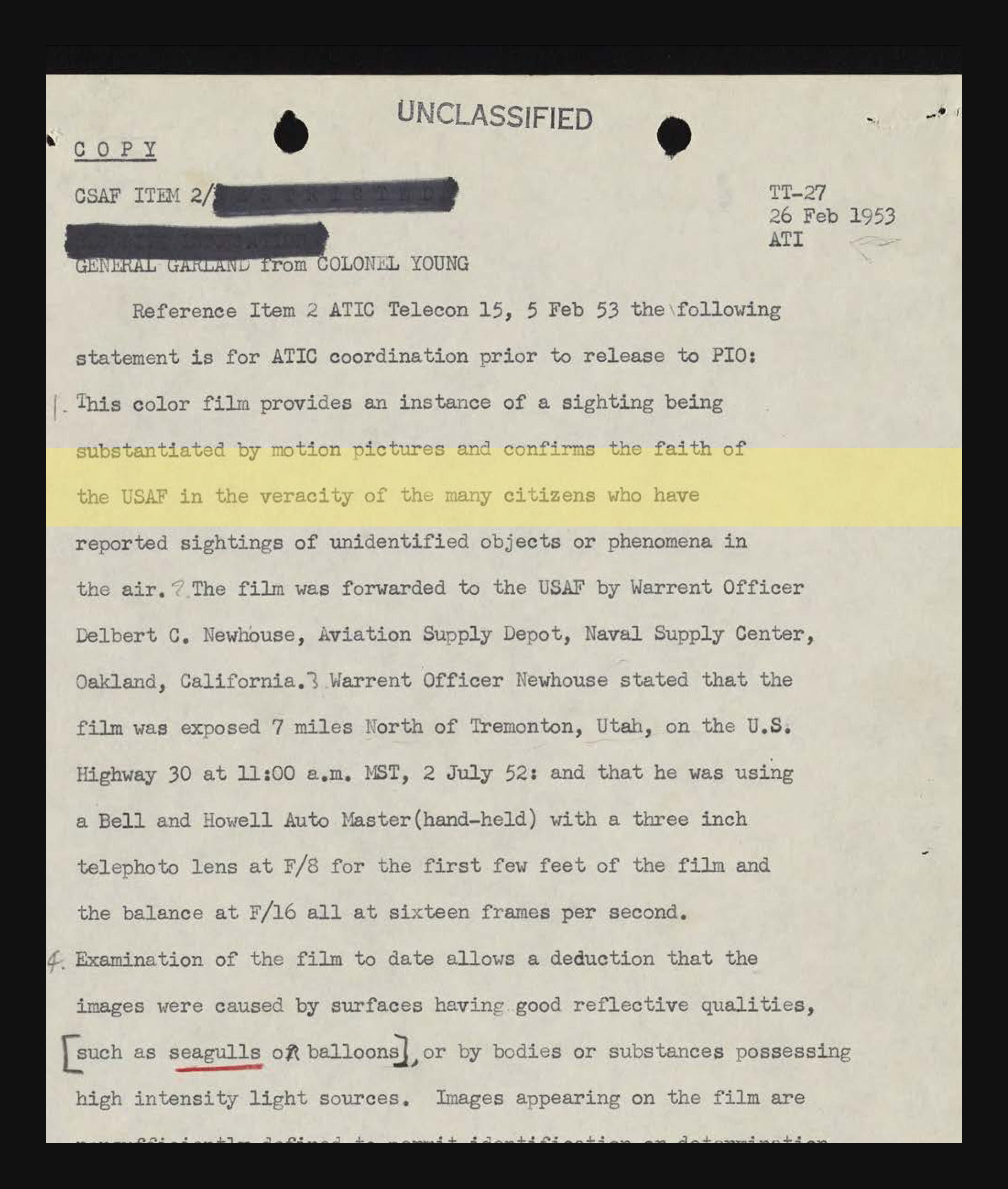 Page 42. The February 1953 draft statement: the film "confirms the faith of the USAF in the veracity of the many citizens." Highlight added by UFO Data.