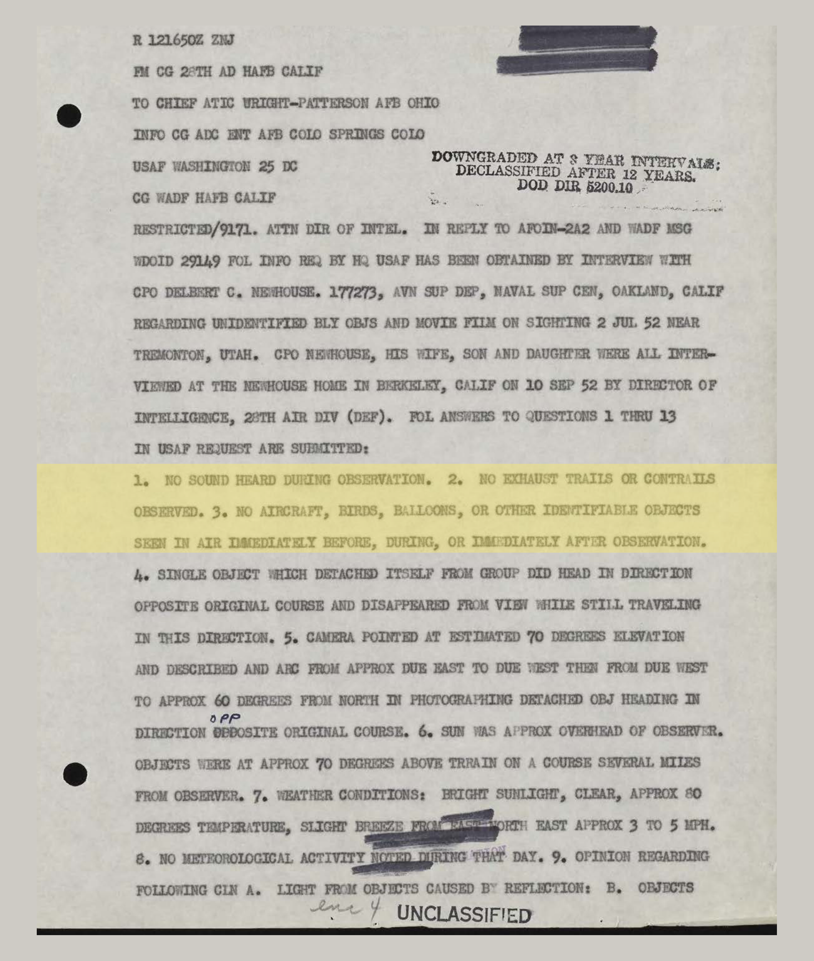 Page 14. Newhouse's answers: no sound, no exhaust trails, no aircraft, birds or balloons seen. Highlight added by UFO Data.