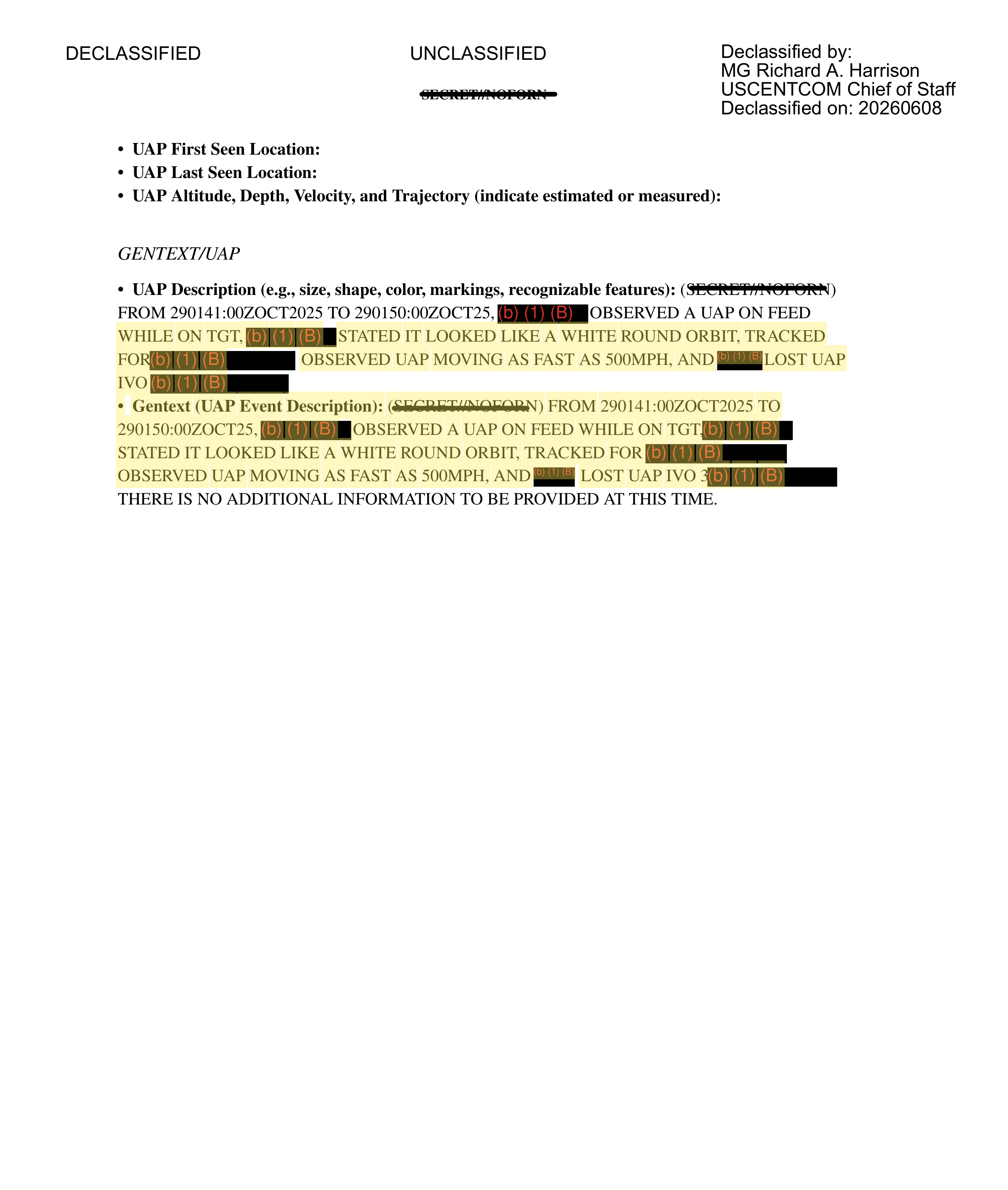 Page 8. "STATED IT LOOKED LIKE A WHITE ROUND ORBIT... MOVING AS FAST AS 500MPH." Highlight added by UFO Data.