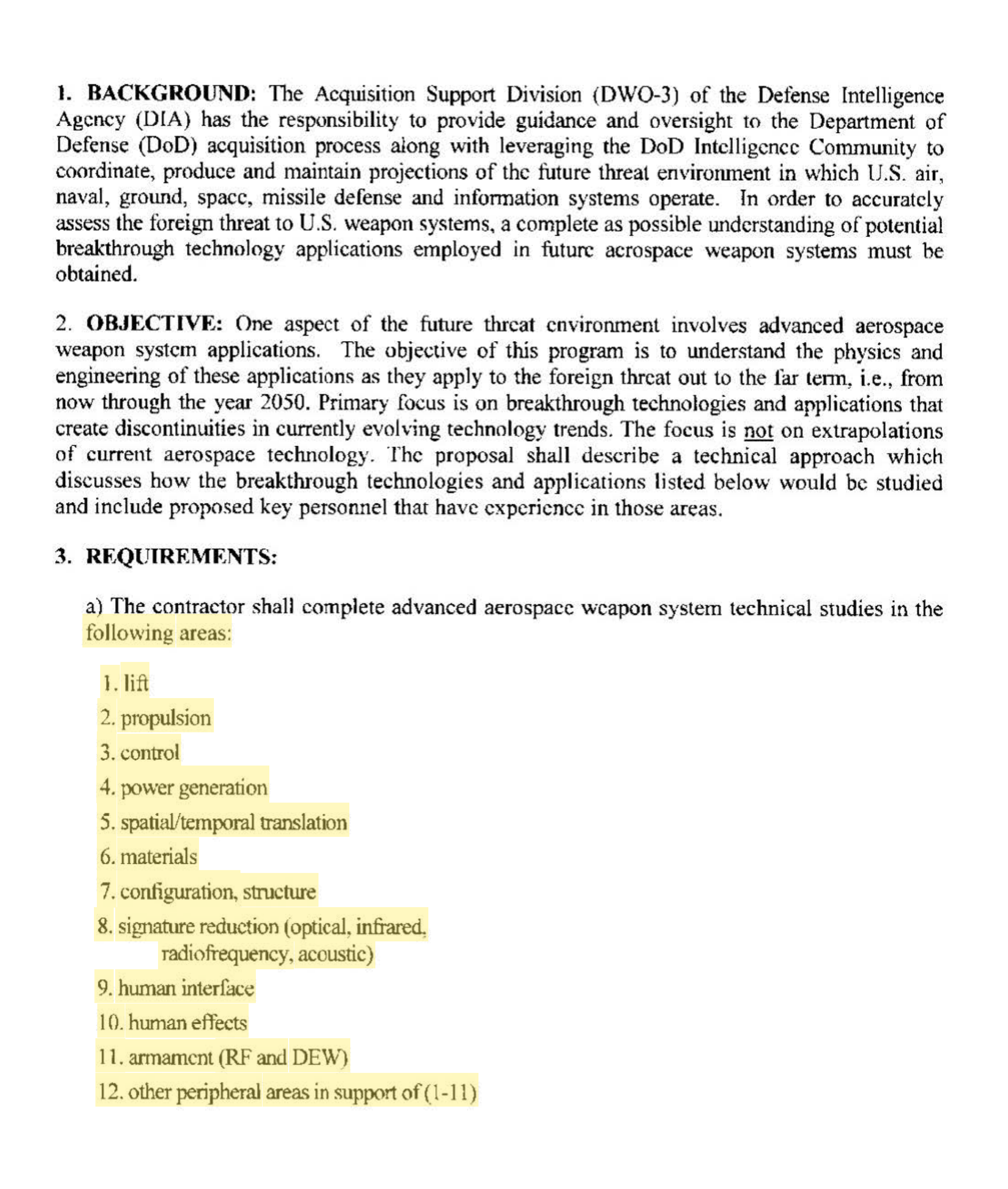 Page 1. The twelve study areas, including "spatial/temporal translation." Highlight added by UFO Data.