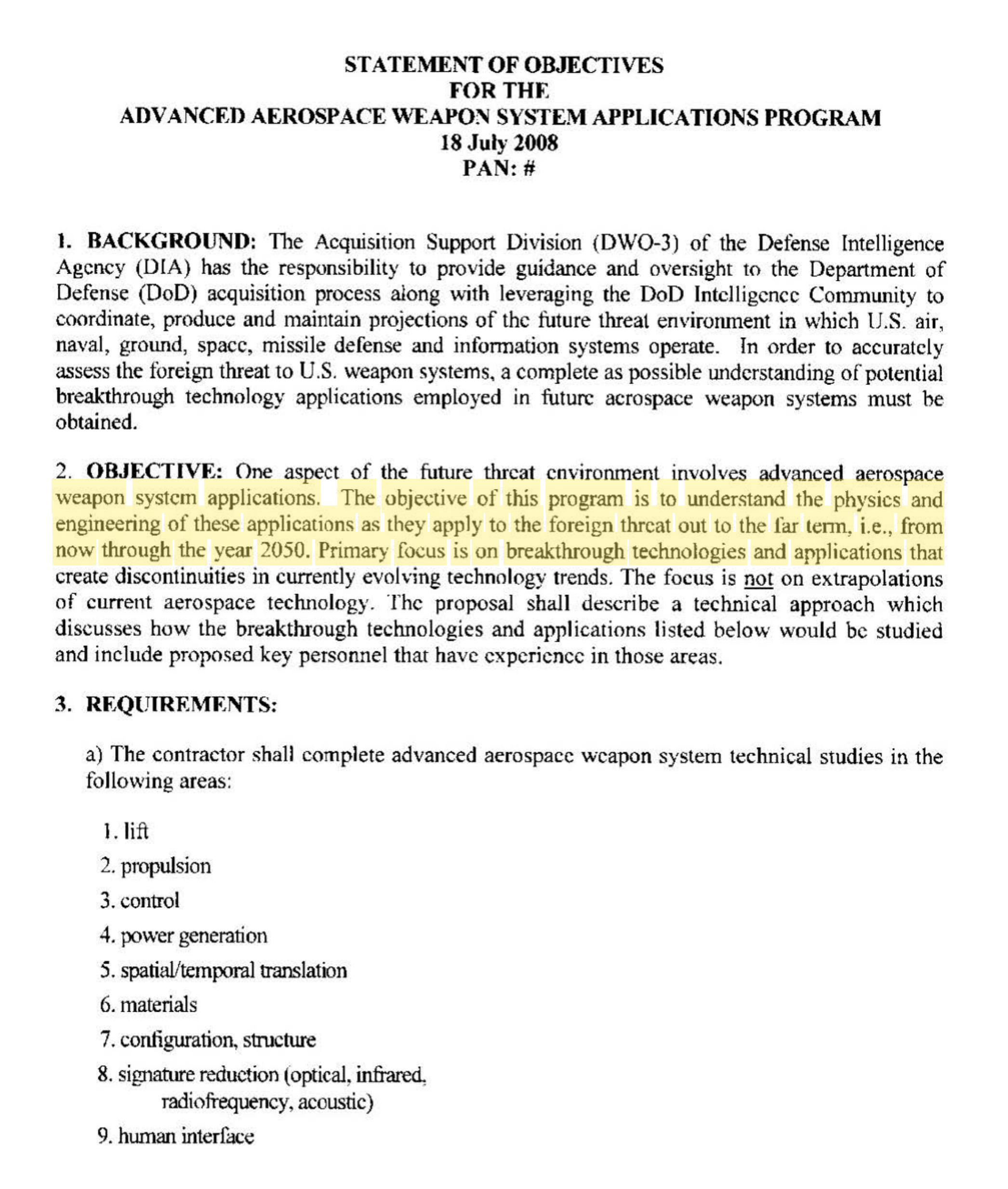 Page 1. The objective: breakthrough technology as a foreign threat "through the year 2050." Highlight added by UFO Data.