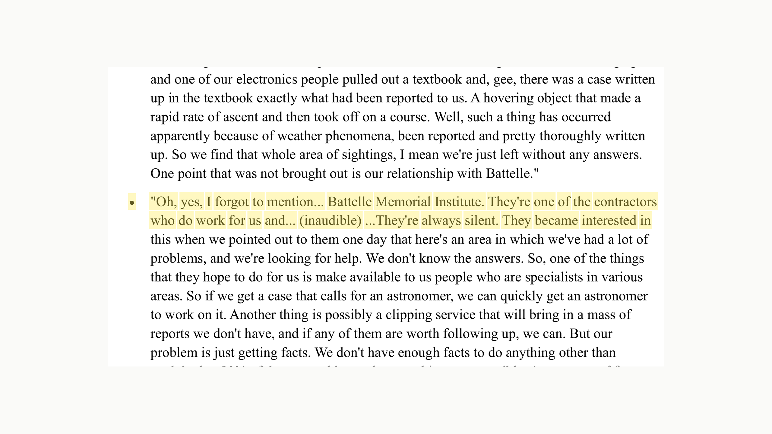 Page 15. The audience interruption and Ruppelt's answer - "Oh, yes, I forgot to mention... Battelle Memorial Institute." Highlight added by UFO Data.