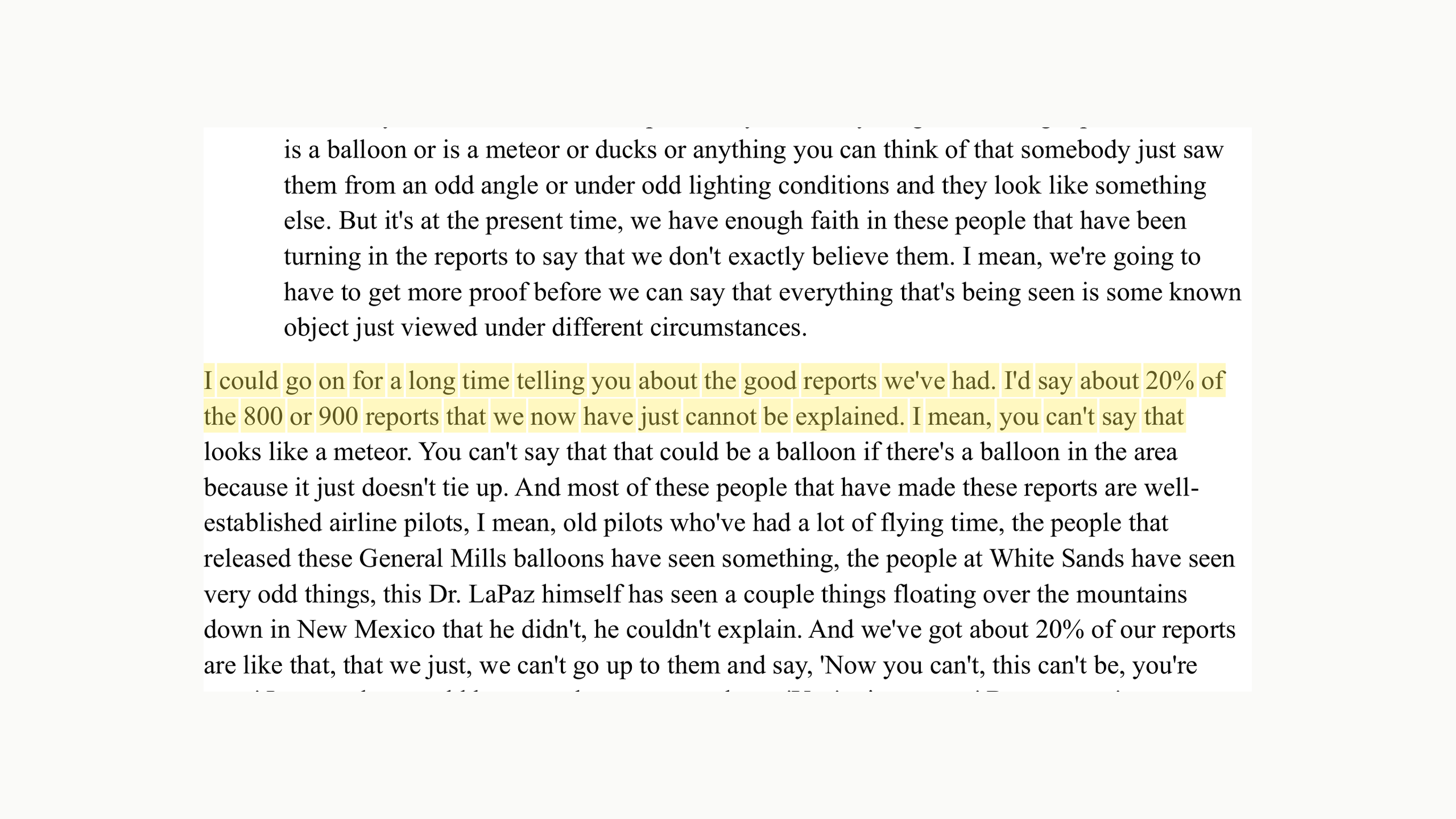 Page 12. "I'd say about 20% of the 800 or 900 reports that we now have just cannot be explained." Highlight added by UFO Data.