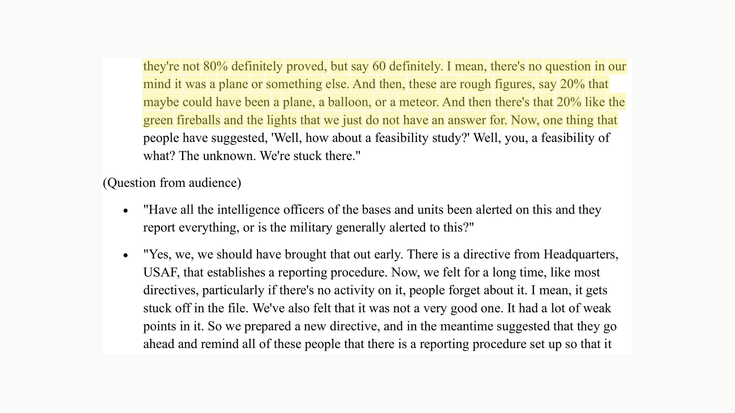Page 16. Ruppelt's fuller breakdown: roughly 60% definitely explained, 20% possibly, and 20% with no answer at all. Highlight added by UFO Data.
