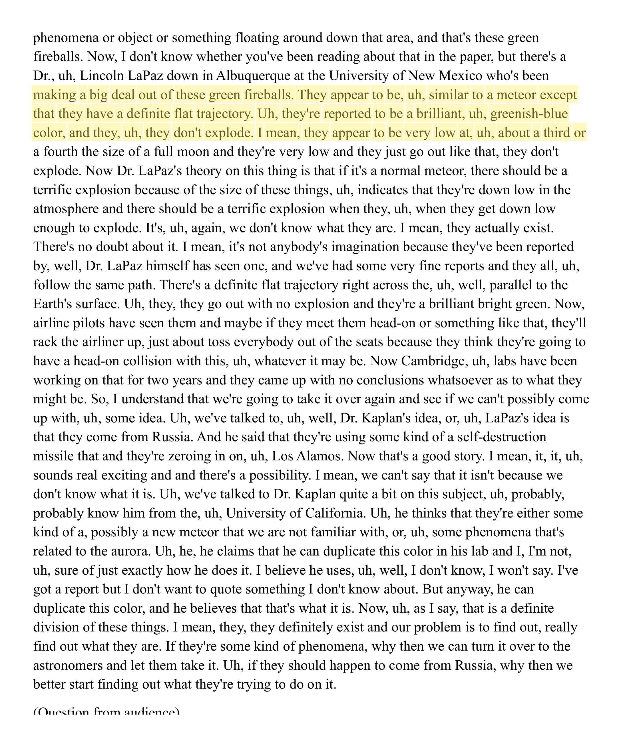 Page 10. "A definite flat trajectory... brilliant greenish-blue color... they don't explode." Highlight added by UFO Data.