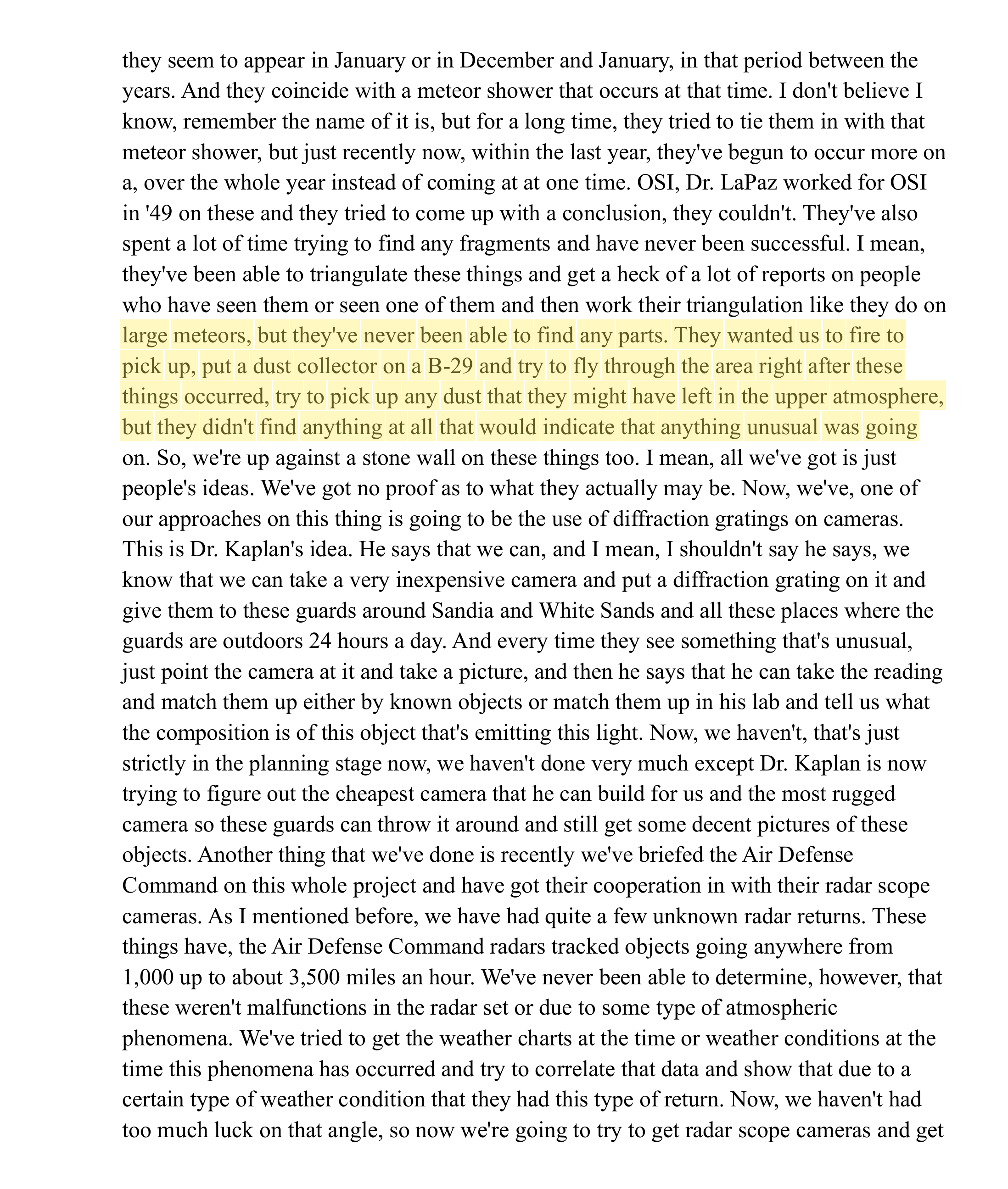 Page 11. No fragments ever found; a B-29 dust-collector flight found nothing unusual. Highlight added by UFO Data.