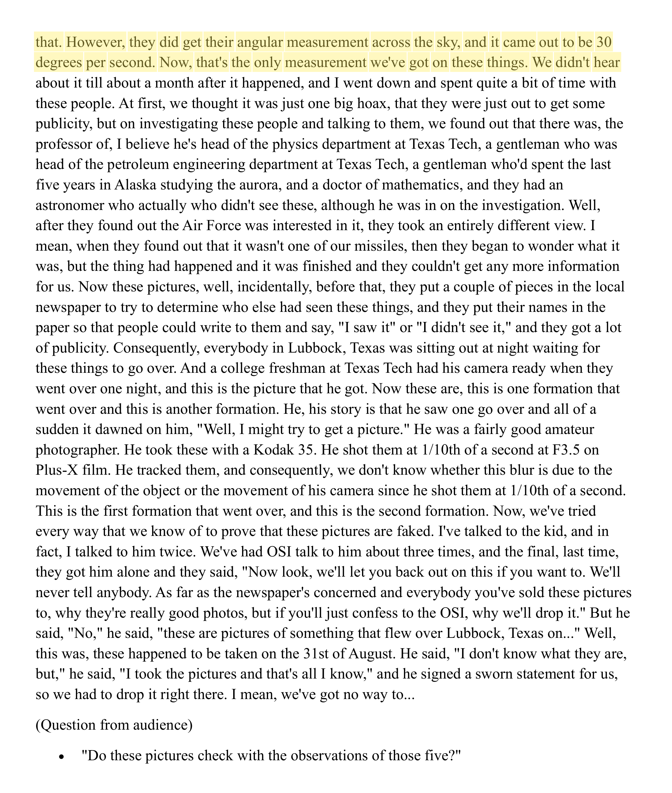 Page 7. "It came out to be 30 degrees per second. Now, that's the only measurement we've got on these things." Highlight added by UFO Data.