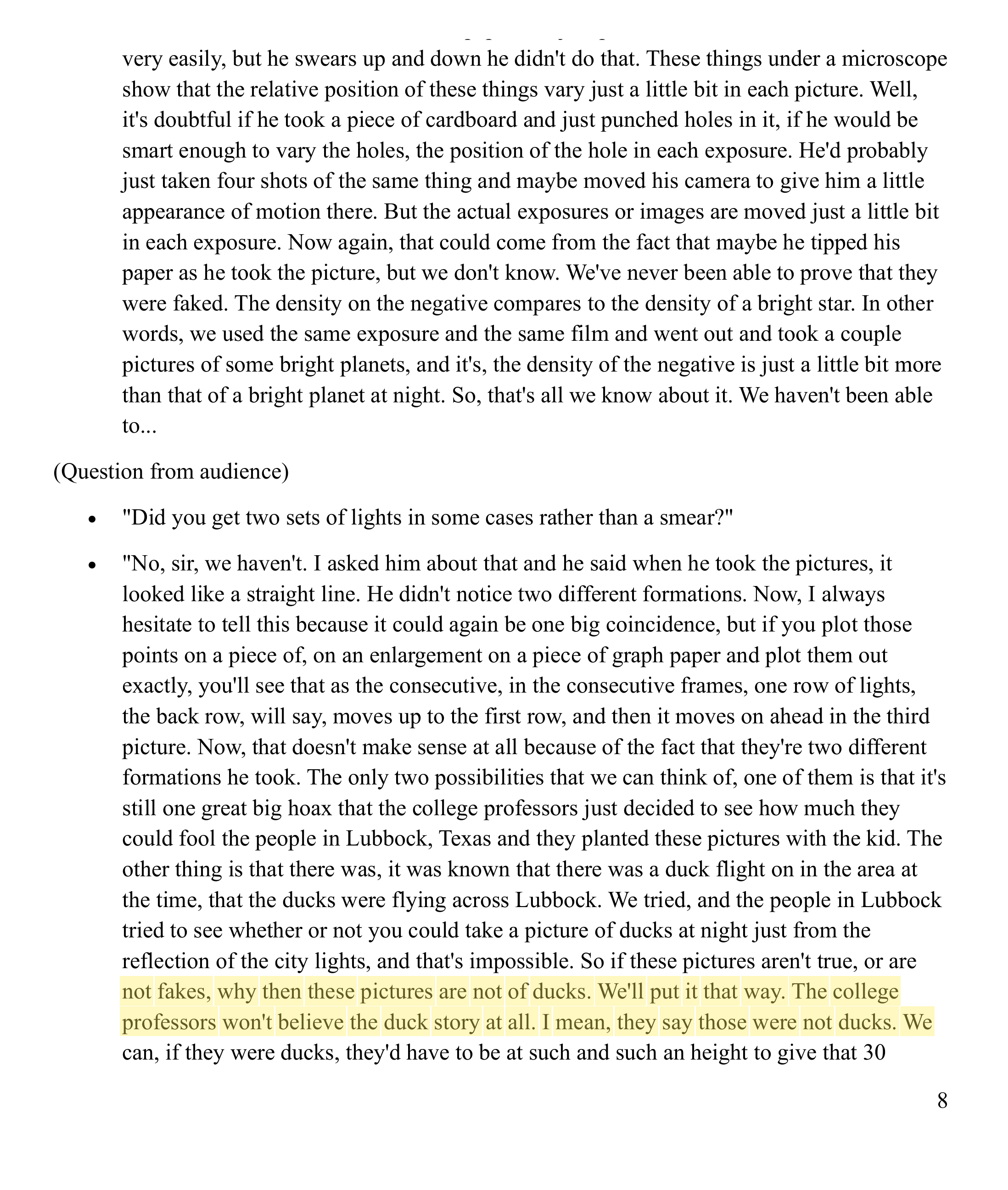 Page 8. "The college professors won't believe the duck story at all." Highlight added by UFO Data.