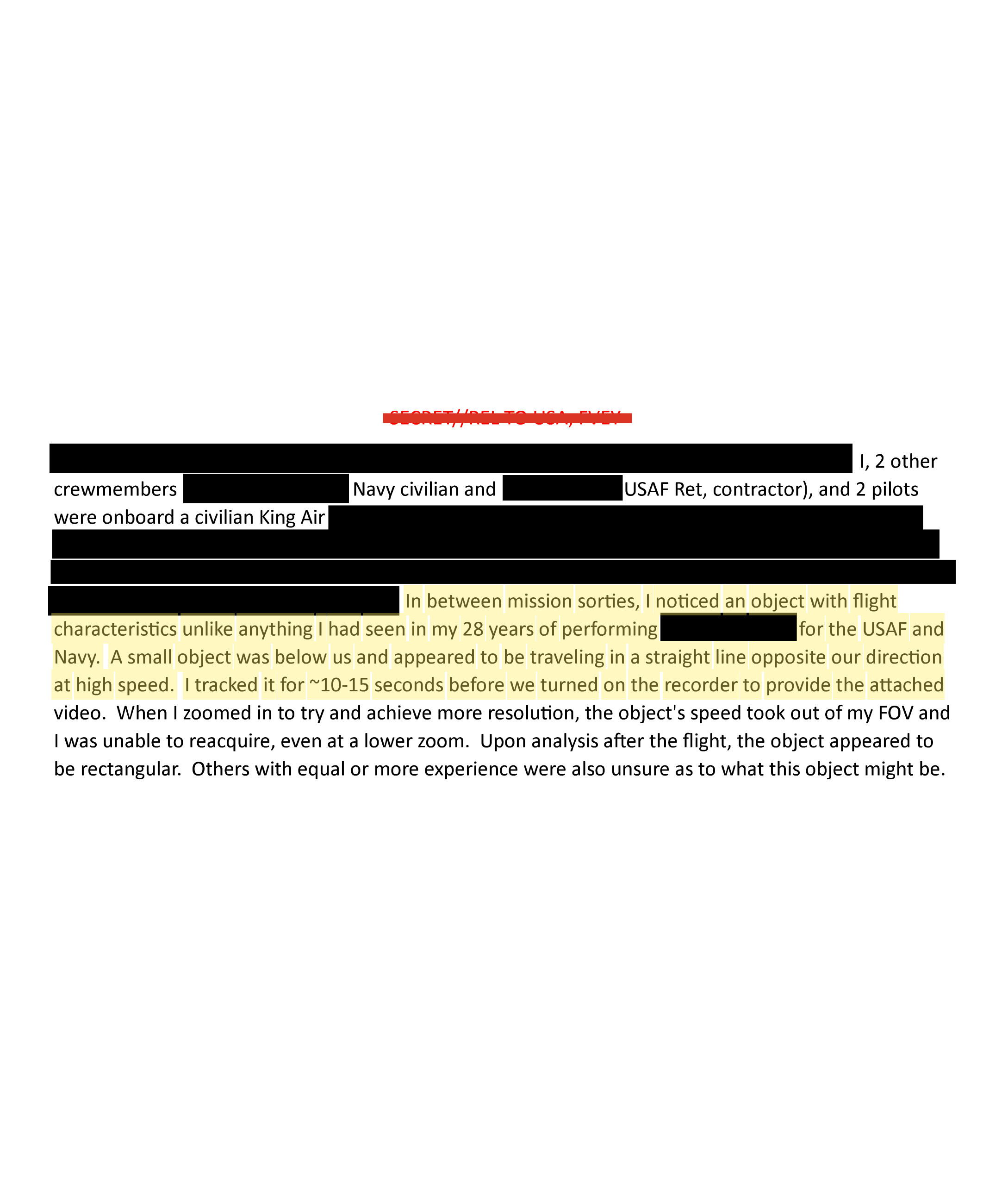 "Flight characteristics unlike anything I had seen in my 28 years." Highlight added by UFO Data.