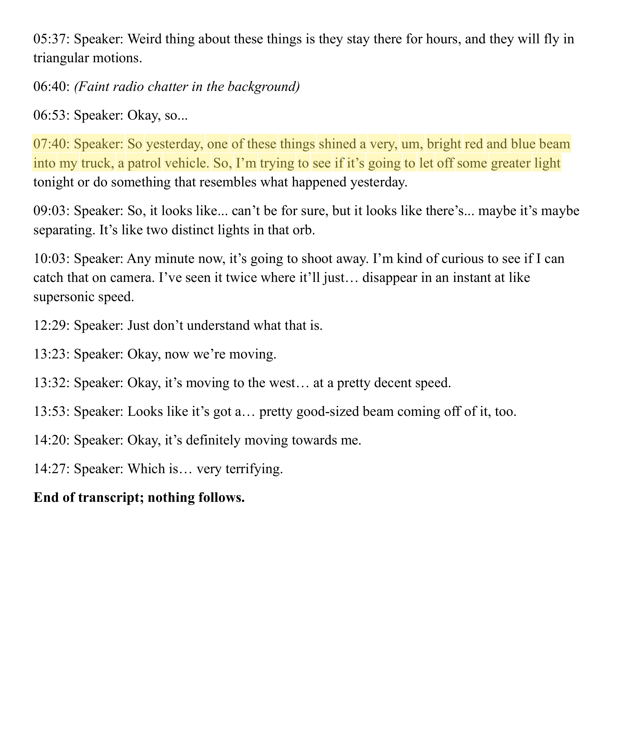 Page 2. "One of these things shined a very, um, bright red and blue beam into my truck, a patrol vehicle." Highlight added by UFO Data.